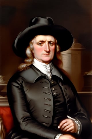 George Fox wearing a broabrimmed hat, plain Quaker clothing, 17th century England. Coloured Oil Painting.