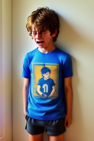 Boy, 12 years old, blond messy hair, wearing a t-shirt and shorts, crying, punished, standing in the corner, discipline.