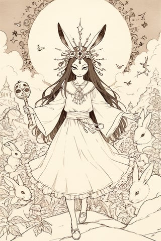 fairy tale illustrations,Simple minimum art, 
myths of another world,
pagan style graffiti art, aesthetic, sepia, ancient Russia,
A female shaman,(wearing a rabbit-faced mask),