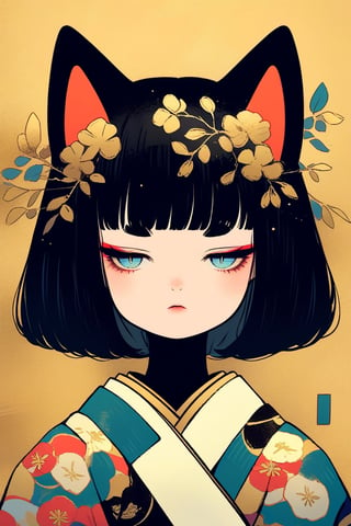 gold leaf art,Aesthetic art,2d,dal-3, 1girl, solo,short bob cut hair, black hair, blunt bangs, animal cat ears,round eyebrows,vertical pupil blue eyes, makeup,half-closed eyes,flower print layered Kimono,absurdres,dal-1,halsman,portrait