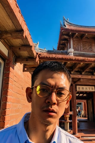 Asian man, glasses, handsome, masculine, manly, (stubble:1.3), muscle, white collared shirt, long sleeves, (male focus), perfect proportions, perfect perspective, cinematic lighting, film photography, ((portrait, headshot, close-up)), subtropical environment, historical old temple background, scenery, buildings, taiditional, historical, heritage, rustic, , multiple temples, court, atrium, Taiwanese temple, Hokkien architecture, (orange tiled roof, upward curve ridge roof, wooden structure), stone base, red brick wall, trees, blue sky,Masterpiece