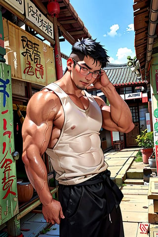 (1 boy, Asian man, Taiwanese man:1.5), ((male focus)), 25 years old, looking outside, unique personality, handsome, stubble, round glasses, confidence, intense gaze, white tank top,  perfect proportions, perfect perspective, cinematic lighting, film photography, (portrait, headshot, close-up:1.4, subtropical environment, scenery, historical, heritage, rustic, (Taiwanese temple background, Historical Taiwanese Temple, Lukang Longshan Temple:1.2), Hokkien architecture, (orange tiled roof, upward curve ridge roof), stone base, red brick wall, trees, blue sky,Muscle,Asian man