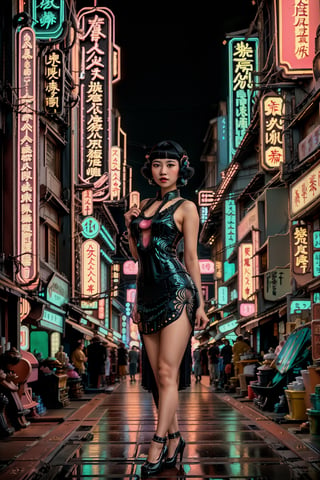 portrait of an asian woman,1920s, (flapper girl, modan garu), full body, female focus, Historical Taiwanese Temple background, Shophouse, street, cityscape, subtropical environment, highest quality, detailed and intricate, masterpiece, neon_nouveau, Art Deco, Futuristic Deco, Neon Elegance, Cyber-Vintage, Techno-Glam, Neon Revival,Masterpiece