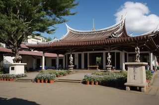 landscape, buildings, taiditional Taiwanese village, (Taiwanese temple, Hokkien architecture), Southern Min building, trees, East Asia, vintage, historical, heritage, Lukang Longshan temple, Taiwan, trational, temple, tile roof, upward curve ridge roof, blue sky, perfect proportions, perfect perspective, 32k, masterpiece, ultra realistic, best quality, hyperrealistic, photorealistic, madly detailed photo, realistic