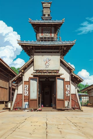 landscape, buildings, taiditional Taiwanese village, (Taiwanese temple, Hokkien architecture), Southern Min building, trees, East Asia, vintage, historical, heritage, Lukang Longshan temple, Taiwan, trational, temple, tile roof, upward curve ridge roof, blue sky, perfect proportions, perfect perspective, 32k, masterpiece, ultra realistic, best quality, hyperrealistic, photorealistic, madly detailed photo, realistic