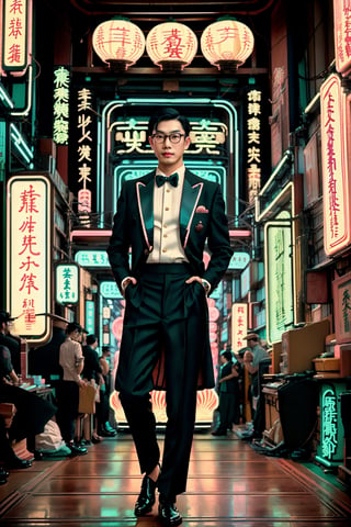 portrait of an asian man, 1920s, (gentleman, stylish, facial, glasses), full body, male focus, Historical Taiwanese Temple background, Shophouse, street, cityscape, subtropical environment, highest quality, detailed and intricate, masterpiece, neon_nouveau, Art Deco, Futuristic Deco, Neon Elegance, Cyber-Vintage, Techno-Glam, Neon Revival
