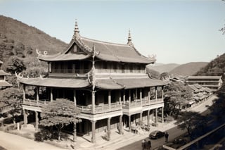 landscape, buildings, taiditional Taiwanese village, (Taiwanese temple, Hokkien architecture), Southern Min building, trees, East Asia, vintage, historical, heritage, Lukang Longshan temple, Taiwan, trational, temple, tile roof, upward curve ridge roof, blue sky, perfect proportions, perfect perspective, 32k, masterpiece, ultra realistic, best quality, hyperrealistic, photorealistic, madly detailed photo,  