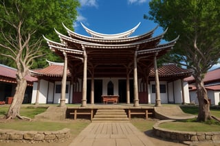 landscape, buildings, taiditional Taiwanese village, (Taiwanese temple, Hokkien architecture), Southern Min building, trees, East Asia, vintage, historical, heritage, Lukang Longshan temple, Taiwan, trational, temple, tile roof, upward curve ridge roof, blue sky, perfect proportions, perfect perspective, 32k, masterpiece, ultra realistic, best quality, hyperrealistic, photorealistic, madly detailed photo, realistic