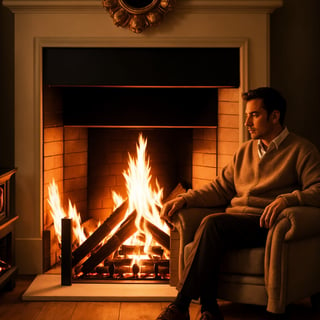 a man is sitting in an armchair and looking at the fire in the fireplace