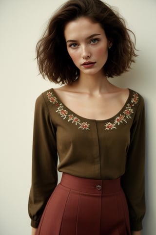 upper_body, model photoshoot, closeup, Color raw digital portrait photo of a woman, brown permed hair, gren ayes, content expression, fine embroidered maroon top, elegant brown skirt, film grain, grainy, award-winning photo, absurdres, masterpiece