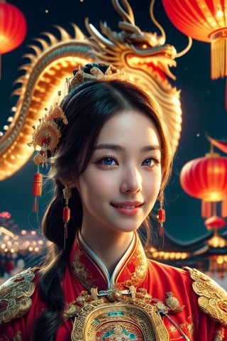 Vibrant, detailed, high-resolution, artistic, majestic, magnificent, elaborate detail, awe-inspiring, splendid, celebratory, 
1 girl, China Tang Dynasty costumes, elegant, traditional, culturally rich, 
night sky, grand fireworks display, glowing red lanterns, cultural heritage, festive atmosphere, ancient cityscape, traditional architecture, 
(Giant golden dragon:1.1), flying dragon in the sky, large, majestic, overwhelming presence, by FuturEvoLab, historical, mythical, dynamic, visually striking, Exquisite face,