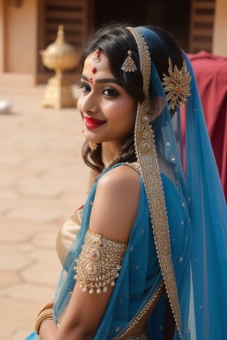 beautiful Indian 24 year girl , looking_at_camera, closeup  , on bar standing , red hair, cute face smile , tight boobs , full length pic one side pose, rajsthani traditional dress, realistic body skin, royal looking rajsthani princess , body skin texture, face glow, atrective face, toxic eyes, round face, boobs size 46, tight stomach, abs on stomach,tight boobs, half cleavage visible,clothes texture good , brown eyes, looking forward, eyes people front look, image background , beautiful rajsthani traditional village woman , wearing red golden rajasthani bra type blause, deep cut blause, yellow pink rajasthani lehnga, stomach visible, heavy jewellery, long hairs, cute smile, shiny eyes,prity eyebrow ,nice shape body,  crossed hand, full length body, sitting in image , 8k render, realistic portrait of an Indian girl with a muscular body, showcasing natural spots, taut skin, in a confident sitting pose, adorned in traditional Rajasthani princess attire, emphasizing realism and cultural authenticity, royal rajwadi background, palace in background, traditional Indian dress, realistic, smiley face, glow face, little bit fatty face, red dress colour, pink lipstick, bold lips, dress colour same like image, dressing like image, standing pose like image all specifications like image, rajwadi jwellery pandent, necklace, realistic, red saree dress.