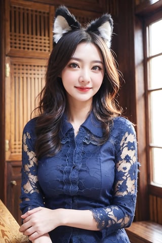 18 years old woman, short wavy hair, smile, kebaya, (lace blue gold blouse:1.2), medium breast, upper body, (indoor), cat ear,kebaya,blouse