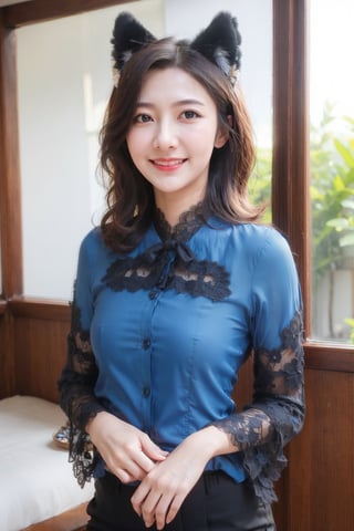 18 years old woman, short wavy hair, smile, kebaya, (lace blue gold blouse:1.2), medium breast, upper body, (indoor), cat ear,pants