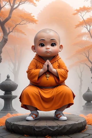 Really cute, fat little monk, stylish orange cassock and shoes siting in front of the foggy statue, anthropomorphic, conpemplating pose, solid color, simple background, 4k, 8k, 16k, moves moonwalk, (surreal footage )
((whole body)),(viewed from a distance).,Chibi,chibi,more detail XL