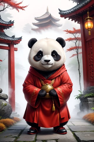 Really cute panda, fat little panda monk, stylish red cassock and shoes siting in front of the foggy tample, anthropomorphic, serious pose, solid color, simple background, 4k, 8k, 16k, moves moonstyle, (surreal footage )
((whole body)),(viewed from a distance).,Chibi,chibi,more detail XL