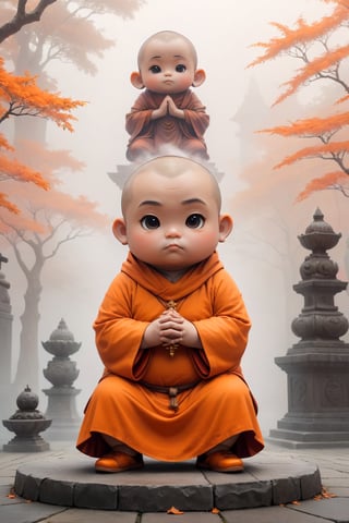 Really cute, fat little monk, stylish orange cassock and shoes siting in front of the foggy statue, anthropomorphic, conpemplating pose, solid color, simple background, 4k, 8k, 16k, moves moonwalk, (surreal footage )
((whole body)),(viewed from a distance).,Chibi,chibi,more detail XL