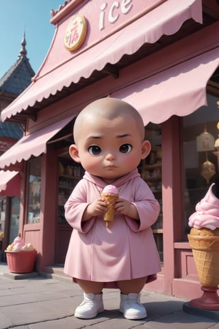 Really cute, fat little monk, stylish PINK cassock and shoes siting in front of the ice cream shop, anthropomorphic, funny pose, solid color, simple background, 4k, 8k, 16k, moves moonwalk, (surreal footage )
((whole body)),(viewed from a distance).,Chibi,chibi,more detail XL