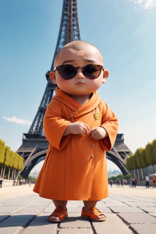 Really cute, fat little monk wearing sunglasses, stylish orange cassock and shoes standing in front of the Eiffel Tower, anthropomorphic, cute pose, solid color, simple background, 4k, 8k, 16k, dance moves moonwalk, (surreal footage )
((whole body)),(viewed from a distance).,Chibi,chibi,more detail XL