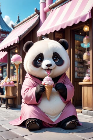 Really cute panda, fat little panda monk, stylish PINK cassock and shoes siting in front of the ice cream shop, anthropomorphic, funny pose, solid color, simple background, 4k, 8k, 16k, moves moonwalk, (surreal footage )
((whole body)),(viewed from a distance).,Chibi,chibi,more detail XL