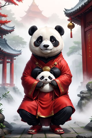 Really cute panda, fat little panda monk, stylish red cassock and shoes siting in front of the foggy tample, anthropomorphic, serious pose, solid color, simple background, 4k, 8k, 16k, moves moonstyle, (surreal footage )
((whole body)),(viewed from a distance).,Chibi,chibi,more detail XL