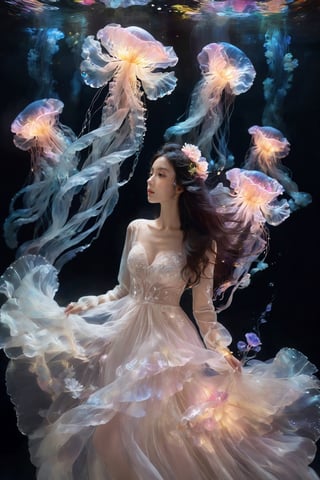 1girl, long hair, solo, black hair, dress, jewelry, black background, hair ornament, full body, white dress, ((floating hair)), ((underwater)), long sleeves, bracelet Highly detailed and vibrant concept art for a movie, Flower, Realistic jellyfish, Crystal, Gemstone Crystal, Glitter, Gemstone, particles light, ((looking at viewer))