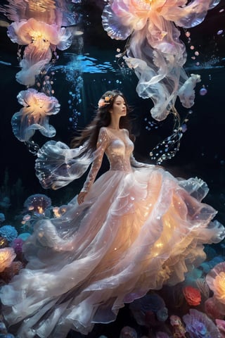 1girl, long hair, solo, black hair, dress, jewelry, black background, hair ornament, full body, white dress, ((floating hair)), ((underwater)), long sleeves, bracelet Highly detailed and vibrant concept art for a movie, Flower, Realistic jellyfish, Crystal, Gemstone Crystal, Glitter, Gemstone, particles light, ((looking at viewer))