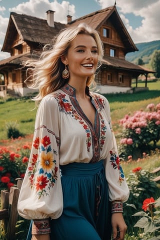 Generate a cinematic GoPro perspective (close up)capturing the enigmatic Russian supermodel as she visits an old Romanian village from the 1920s, nestled in the picturesque Maramureș area ,(vivid flowers and flowering trees next to wooden fences specific to the area), her striking blonde locks, piercing blue eyes, and a chic ponytail, she explores the village adorned in a traditional Romanian blouse, immersing herself in the cultural richness of the region. Against the backdrop of lush green grass, vibrant flowers, and charming old houses, she exudes an air of timeless elegance and grace. The GoPro photograph freezes her in a moment of enchantment, capturing the mesmerizing allure of the supermodel amidst the rustic beauty of the village's landscape. This close-up shot emphasizes her captivating smile and the interplay of natural lights, highlighting her beauty and the historical charm of the setting