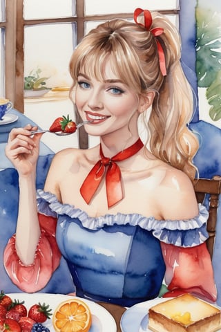 masterpiece, top quality, aesthetic, (watercolor style: 1.7), 1 woman, solo, long hair, looking at viewer, smiling, happy, open mouth, bangs, blue eyes, blonde hair, dress, long sleeves, off-shoulder dress, ribbon, holding, sitting, hair ribbon, , ponytail, :d, heart, frill, food, glass, straw, red ribbon, neck ribbon, fruit, chair, table, holding food, plate, orange juice, cake, strawberry, fork, holding fork,watercolor \(medium\)