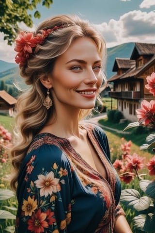 Generate a cinematic GoPro perspective (close up)capturing the enigmatic Russian supermodel as she visits an old Romanian village from the 1920s, nestled in the picturesque Maramureș area ,(vivid flowers and flowering trees next to wooden fences specific to the area), her striking blonde locks, piercing blue eyes, and a chic ponytail, she explores the village adorned in a traditional Romanian blouse, immersing herself in the cultural richness of the region. Against the backdrop of lush green grass, vibrant flowers, and charming old houses, she exudes an air of timeless elegance and grace. The GoPro photograph freezes her in a moment of enchantment, capturing the mesmerizing allure of the supermodel amidst the rustic beauty of the village's landscape. This close-up shot emphasizes her captivating smile and the interplay of natural lights, highlighting her beauty and the historical charm of the setting