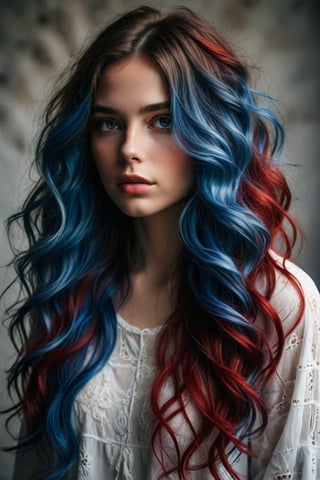Girl with long wavy hair featuring a striking color palette that includes white, blue, and red tones. The hairstyle should flow naturally and give a sense of movement. Include intricate details that capture the texture and sheen of the hair strands.
