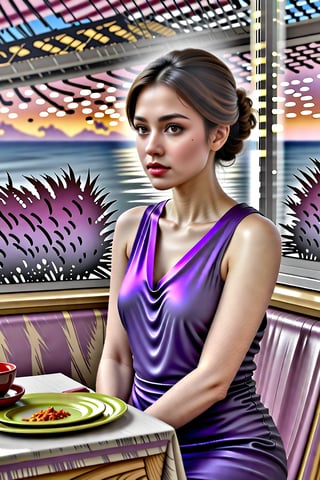 Here's a hyper-realistic photo prompt:

A stunning 20-year-old girl, reminiscent of Jessica Alba, sits alone at an oceanview cafe, lost in thought as she gazes directly at the viewer. Her exquisite face, with soft, shiny skin and a radiant smile, is framed by a deep purple and wine red dress that accentuates her elegance. The surrounding environment is a cluttered maximalism of a table, coffee mug, window, lamp, and flowers, all carefully balanced to create a perfect Rule of Thirds composition (1.3). The image is set against a studio backdrop, showcasing impeccable depth of perspective and cinematic lighting (1.3), reminiscent of the works of Karol Bak$, Alessandro Pautasso$, Gustav Klimt$, and Hayao Miyazaki$ (1.3). This ultra-realistic masterpiece is presented in stunning 32k UHD (1.4) with sharp focus, high contrast, HDR, and intricate details that pop off the page.