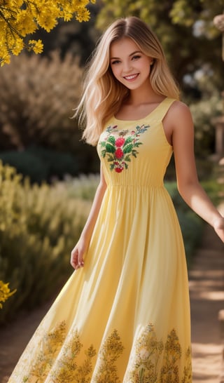 1girl, Beautiful young woman, blonde, smiling, clear facial features, (dressed in a beautiful Ukrainian national long dress with embroidered ornaments yellow, green), sunny day, botanical garden, realistic