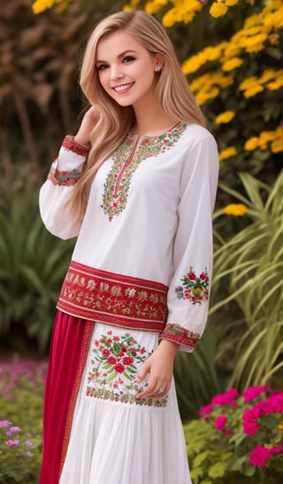 1girl, upper body, beautiful young woman, blonde, smiling, (in beautiful Ukrainian national costume embroidery ornament white, red, green), sunny day, botanical garden, realistic