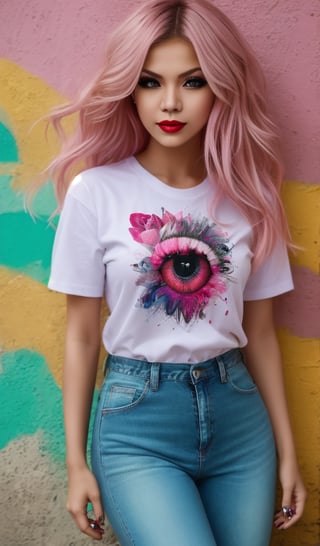 1girl, upper body, Inspirational gyaru fashion trend with a dynamic portrait of a modern , young woman with colored hair, wearing a colored T-shirt, colored jeans, her eyes outlined with bold strokes of makeup, against a colored wall, a digital masterpiece influenced by stylistic pop culture and contemporary street fashion, lushly drawn details are meticulously captured, the concept is wrapped in exquisite artistic touches of a big hit industry