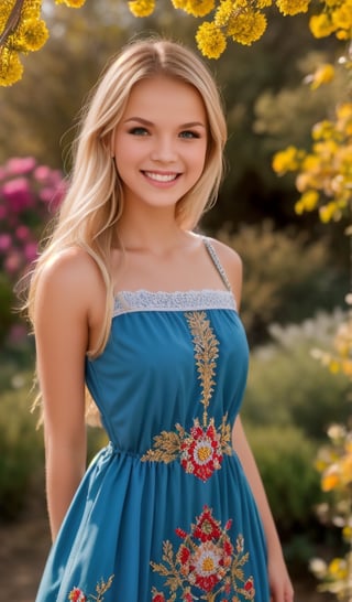 1girl, upper body, Beautiful young woman, blonde, smiling, clear facial features, (dressed in a beautiful Ukrainian national dress with embroidered ornament blue), sunny day, botanical garden, realistic
