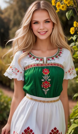 1girl, beautiful young woman, blonde, smiling, (in beautiful Ukrainian national costume embroidery ornament white, red, green), sunny day, botanical garden, realistic