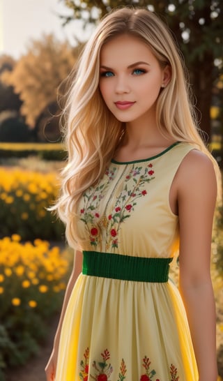 1girl, Beautiful young woman, blonde, clear facial features, (dressed in a beautiful Ukrainian national long dress with embroidered ornaments yellow, green), sunny day, botanical garden, realistic