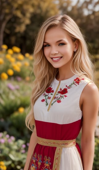 1girl, upper body, Beautiful young woman, blonde, smiling, clear facial features, (dressed in a beautiful Ukrainian national dress with embroidered ornament red), sunny day, botanical garden, realistic