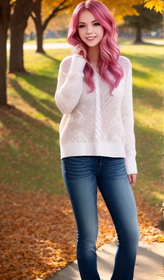 1girl, beautiful young woman, pink hair, (in white sweater and jeans), sunny day, park, realistic