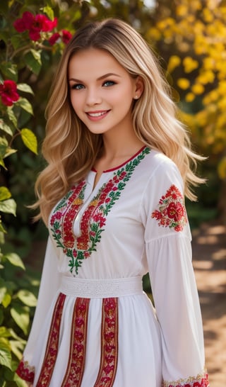 1girl, beautiful young woman, blonde, smiling, (in beautiful Ukrainian national costume embroidery ornament white, red, green), sunny day, botanical garden, realistic