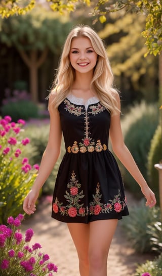 1girl, upper body, Beautiful young woman, blonde, smiling, clear facial features, (dressed in a beautiful Ukrainian national dress with embroidered ornament black), sunny day, botanical garden, realistic