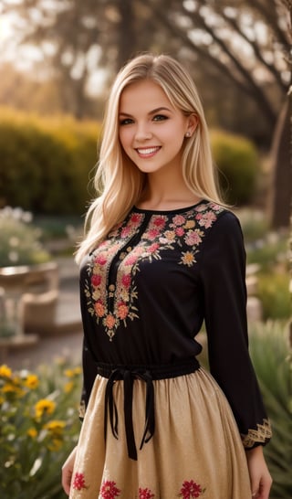 1girl, upper body, Beautiful young woman, blonde, smiling, clear facial features, (dressed in a beautiful Ukrainian national dress with embroidered ornament black), sunny day, botanical garden, realistic