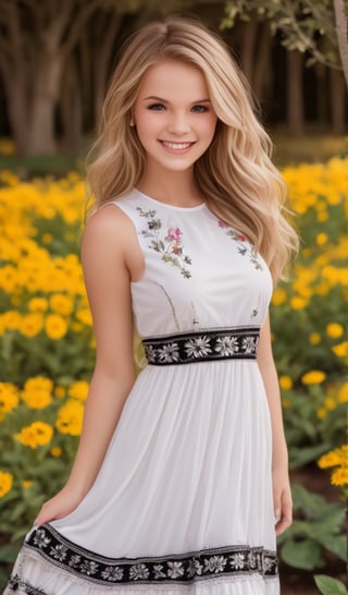 1girl, Beautiful young woman, blonde, smiling, clear facial features, (wearing a beautiful Ukrainian national long dress with embroidered ornaments in white, black), sunny day, botanical garden, realistic