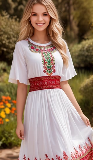 1girl, upper body, beautiful young woman, blonde, smiling, (in beautiful Ukrainian national long dress embroidery ornament white, red, green), sunny day, botanical garden, realistic