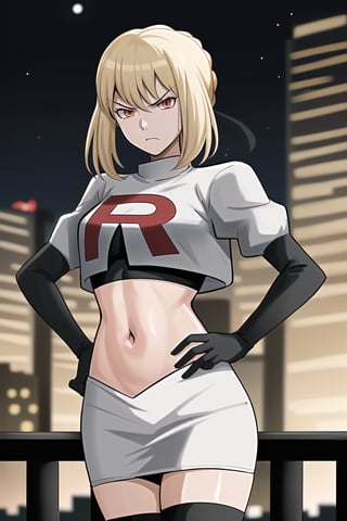 Team Rocket, cropped jacket, white jacket, crop top, jacket, gloves, black gloves, elbow gloves, navel, midriff, white skirt, miniskirt, skirt, black thighhighs,looking down at viewer, china, asiática, city, night, sky, (intricately detailed, hyperdetailed), blurry background,depth of field, best quality, masterpiece, intricate details, tonemapping, sharp focus, hyper detailed, trending on Artstation,1 girl, high res, official art,glaring angrily,hands on hips,artoria pendragon (fate)