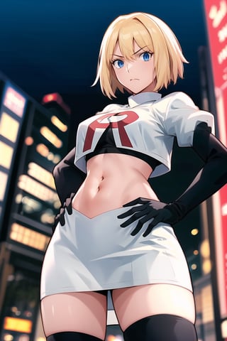 Team Rocket, cropped jacket, white jacket, crop top, jacket, gloves, black gloves, elbow gloves, navel, midriff, white skirt, miniskirt, skirt, black thighhighs,looking down at viewer, china, asiática, city, night, sky, (intricately detailed, hyperdetailed), blurry background,depth of field, best quality, masterpiece, intricate details, tonemapping, sharp focus, hyper detailed, trending on Artstation,1 girl, high res, official art,glaring angrily,hands on hips,arcueid