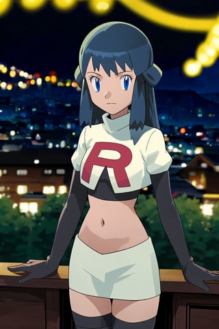 (best quality), (highly detailed), masterpiece, (official art), Team Rocket, cropped jacket, white jacket, crop top, jacket, gloves, black gloves, elbow gloves, navel, midriff, white skirt, miniskirt, skirt, thighhighs,, looking at viewer, china, asiática, city, night, sky, (intricately detailed, hyperdetailed), blurry background,depth of field, best quality, masterpiece, intricate details, tonemapping, sharp focus, hyper detailed, trending on Artstation,1 girl, high res, official art,dawn 