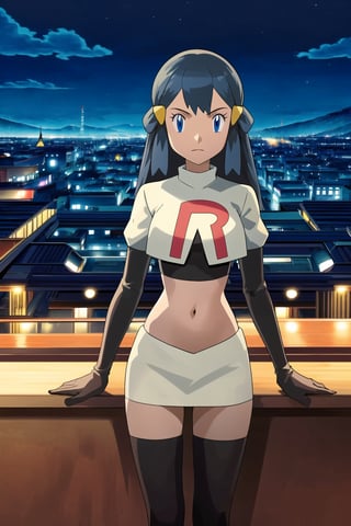 (best quality), (highly detailed), masterpiece, (official art), Team Rocket, cropped jacket, white jacket, crop top, jacket, gloves, black gloves, elbow gloves, navel, midriff, white skirt, miniskirt, skirt, thighhighs,, looking at viewer, china, asiática, city, night, sky, (intricately detailed, hyperdetailed), blurry background,depth of field, best quality, masterpiece, intricate details, tonemapping, sharp focus, hyper detailed, trending on Artstation,1 girl, high res, official art,dawn 