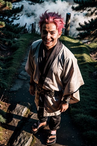masterpiece, best-quality, photorealistic, raw photo,

Sukuna, a guy with pink hair , demonic smile, Sukuna wears a light-colored kimono with a black brim, a black scarf, and black socks and sandals, outfit, tattoo_on_his_face

looking at viewer, demon smiling, top view, from above, intense angle, top_view_perspective

japanese old forest, torii, tree, stone, grass, 

backlighting, fog, day lighting, birch light, sun rays, volumetric light, SUKUNA,Masterpiece